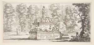 Plate 1: et monument med statuer og et våpenskjold i midten, en tegner på..., ca. 1643. av Stefano della Bella
