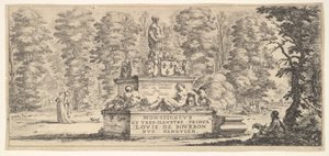 Plate 1: et monument med statuer og et våpenskjold i midten, en tegner på..., ca. 1641. av Stefano della Bella