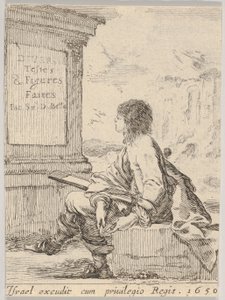 Plate 1: en ung mann som sitter på en stein, vendt mot venstre i profil, og holder en tegneblokk i ..., 1650. av Stefano della Bella