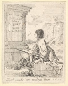 Plate 1: en ung mann som sitter på en stein, vendt mot venstre i profil, og holder en tegneblokk i ..., 1650. av Stefano della Bella