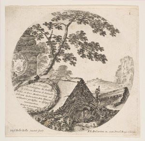 Plate 1: fragmenter fra fortidsminner, fra romerske landskap og ruiner Paysages..., ca. 1646. av Stefano della Bella