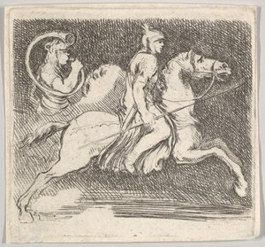 Plate 20: en soldat i profil galopperende til høyre med en lanse i høyre hånd..., ca. 1646. av Stefano della Bella