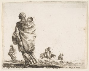Plate 21: en fattig kvinne til venstre, sett bakfra, omslutter barnet sitt i et sjal..., ca. 1644-47. av Stefano della Bella