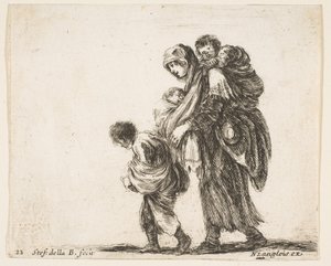 Plate 22: en tiggerkvinne med tre barn, ett barn på skuldrene, ett barn..., ca. 1644-47. av Stefano della Bella