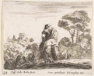 Plate 24: gjeter på toppen av en hest, sett bakfra, fører buskapen ned en bakke, en ..., ca. 1644-47. av Stefano della Bella
