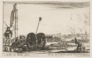 Plate 2: En kanon til venstre, en by i bakgrunnen, fra Various Military Capric..., ca. 1641. av Stefano della Bella