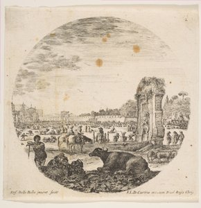 Plate 2: Campo Vaccino, en bøffel og to gjetere i midten, Fontanone til høyre ..., ca. 1646. av Stefano della Bella
