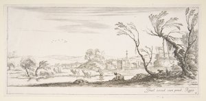 Plate 2: en bondekvinne som fjerner skoene i midten, en annen bondekvinne og to c..., ca. 1641. av Stefano della Bella