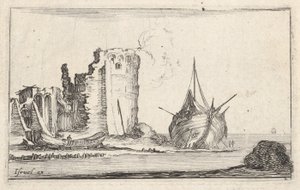 Plate 2: et skip til høyre og en robåt til venstre, skylt opp på land, et tårn i ruiner b..., ca. 1642. av Stefano della Bella