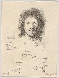 Plate 2: øverst, hodet til en ung mann, sett forfra, nederst, fire øyne, fra Th..., ca. 1649. av Stefano della Bella