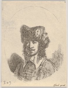 Plate 2: hodet til en mann med bart og pelshatt vendt mot venstre, en oval komposisjon, fra..., 1650. av Stefano della Bella