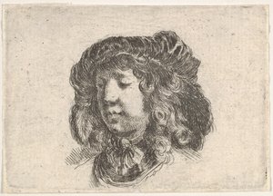 Plate 34: hodet til en ung mann i en lue prydet med noen få fjær, dreid tre kvart..., ca. 1646. av Stefano della Bella