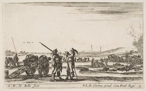 Plate 3: En offiser som gir ordre til en soldat i midten av forgrunnen, kanon til venstre, av..., ca. 1641. av Stefano della Bella