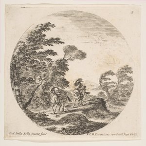 Plate 3: kuling i skogen, to ryttere pakket inn i kappene sine, med vinden blås..., ca. 1646. av Stefano della Bella