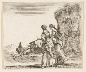Plate 3: to jenter som går mot venstre, sett bakfra, en kvinne på en hest t..., ca. 1644-47. av Stefano della Bella