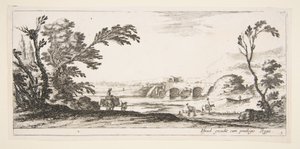 Plate 3: to ryttere krysser en elv til høyre, en kvinne med to kurver på toppen av en donke..., ca. 1641. av Stefano della Bella