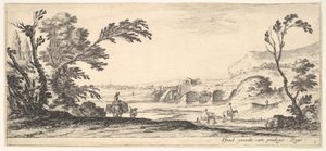 Plate 3: to ryttere krysser en elv til høyre, en kvinne med to kurver på toppen av en donke..., ca. 1641. av Stefano della Bella