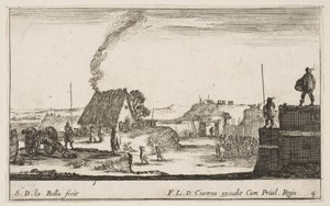 Plate 4: Et militærleir med en soldat som står på en brystning til høyre for..., ca. 1641. av Stefano della Bella