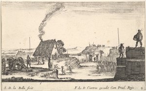 Plate 4: Et militærleir med en soldat som står på en brystning til høyre for..., ca. 1641. av Stefano della Bella