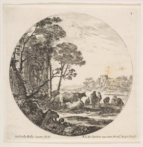 Plate 4: en korintisk hovedstad på bakken til venstre, et monument med figurer i lav re..., ca. 1646. av Stefano della Bella