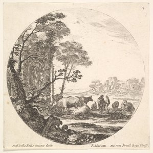 Plate 4: en korintisk hovedstad på bakken til venstre i forgrunnen, et monument med..., ca. 1643-48. av Stefano della Bella