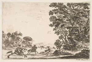Plate 4: en hjortejakt, to ryttere galopperende mot venstre bak tre hunder og en hjort..., 1642. av Stefano della Bella