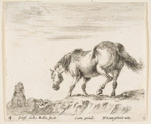 Plate 4: en hest i profil vendt mot venstre, i ferd med å gå ned fra en haug, en hest..., ca. 1644-47. av Stefano della Bella