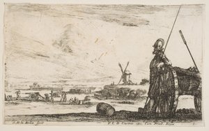 Plate 5: En Pikeman som står rett ved siden av en kanon, andre militære figurer..., ca. 1641. av Stefano della Bella