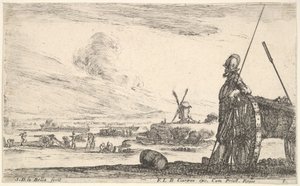 Plate 5: En Pikeman som står rett ved siden av en kanon, andre militære skikkelser i ba..., ca. 1641. av Stefano della Bella