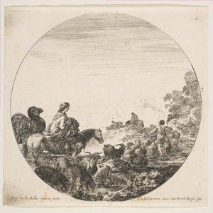 Plate 5: en kvinne som bærer et barn på en hest til venstre, en kamel etter henne, en flokk med..., ca. 1646. av Stefano della Bella