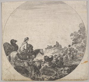 Plate 5: en kvinne som bærer et barn på en hest til venstre, en kamel etter henne, en flokk..., ca. 1643-48. av Stefano della Bella