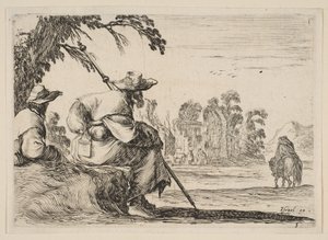 Plate 5: to pilegrimer med hatter hviler til venstre, sett bakfra, en rytter rir mot krig..., 1642. av Stefano della Bella