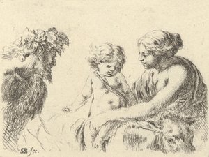 Plate 6: en kvinne til høyre som holder barnet sitt som sitter oppå et esel, en satyr ved l..., ca. 1646. av Stefano della Bella