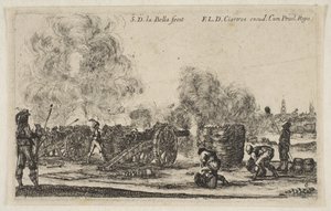Plate 6: batteri av kanoner som skyter mot en by, fra Various Military Caprices Varii ..., ca. 1641. av Stefano della Bella
