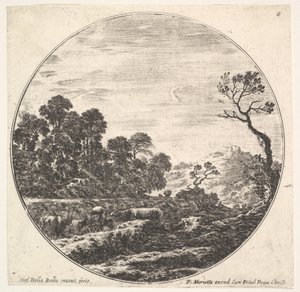 Plate 6: kyr krysser en dal til venstre, en gruppe trær til venstre, en rytter og o..., ca. 1643-48. av Stefano della Bella