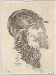 Plate 6: hodet til en gammel skjeggete soldat med hjelm vendt mot høyre, fra Various heads..., 1650. av Stefano della Bella