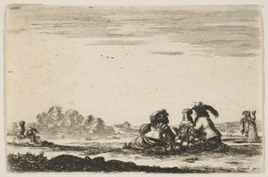 Plate 7: To adelsmenn sittende i midten, sett bakfra, i samtale med et adelshav..., 1642. av Stefano della Bella