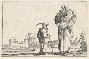 Plate 7: en bondekvinne som bærer et barn til høyre, snakker til et annet barn som står..., ca. 1642. av Stefano della Bella