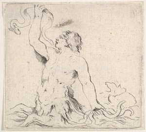 Plate 7: en triton i vannet, vendt mot venstre, holder opp en ål i høyre hånd og t..., ca. 1646. av Stefano della Bella