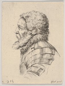 Plate 7: byste av en skjeggete soldat iført rustning, vendt mot venstre i profil, fra Various he..., 1650. av Stefano della Bella