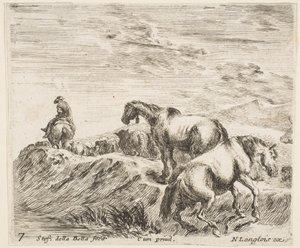 Plate 7: to hester som stiger opp på bredden av en elv til høyre, etter en prosesjon ..., ca. 1644-47. av Stefano della Bella
