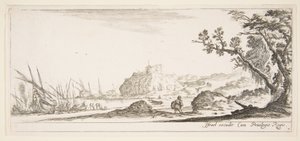 Plate 7: forskjellige båter på land til venstre, en mann som bærer en bag, sett bakfra og..., ca. 1641. av Stefano della Bella