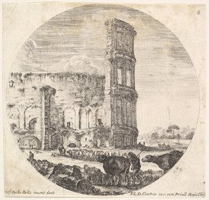 Plate 8: Colosseum, to flokker blir rettet mot amfiteateret i fo..., ca. 1643-48. av Stefano della Bella