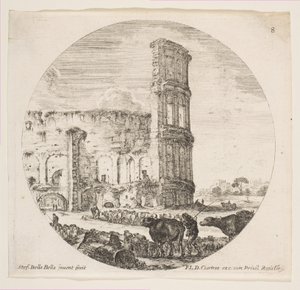 Plate 8: Colosseum, to flokker blir rettet mot amfiteateret i forkant..., ca. 1646. av Stefano della Bella