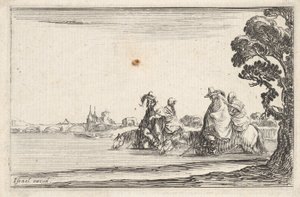 Plate 8: to ryttere med hatter til høyre, hver med en kvinne bak seg, som rir på..., ca. 1642. av Stefano della Bella