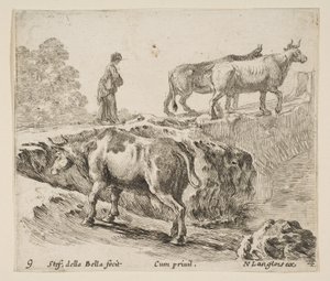 Plate 9: en ku som går opp en bank, en bondekvinne fører to kyr over en bro i..., ca. 1644-47. av Stefano della Bella