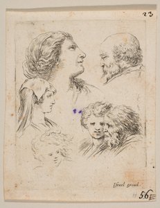 Plate 9: fem hoder, to unge kvinner til venstre, en skjeggete mann øverst til høyre, en ung kvinne, ca. 1649. av Stefano della Bella