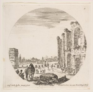 Plate 9: Konstantinbuen til venstre, en del av Colosseum til høyre, forskjellige hors..., ca. 1646. av Stefano della Bella
