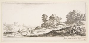 Plate 9: to ryttere til venstre galopperende oppover mot høyre, en hest og sittende m..., ca. 1641. av Stefano della Bella
