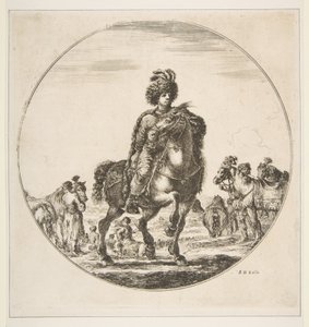 Polsk rytter vendt mot høyre, en sirkulær komposisjon, fra Figures on Horseback Cav..., ca. 1651. av Stefano della Bella